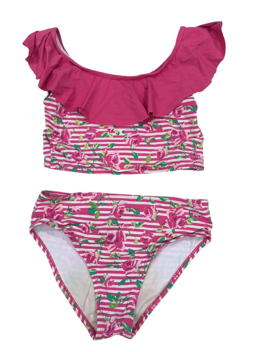 Betsey Johnson Girls Floral Ruffle Bikini Set Pink & White Striped Swimwear Size